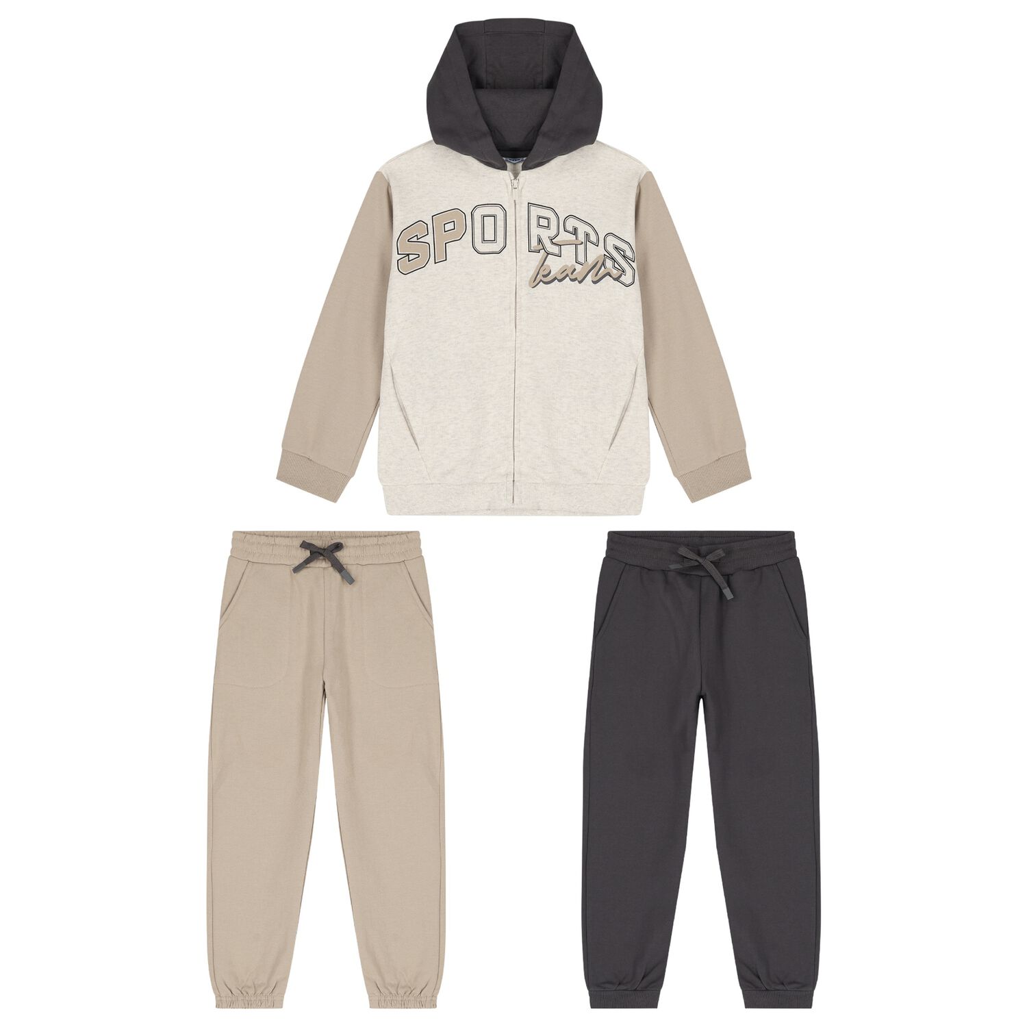 Boys Beige Hooded Tracksuit Set, 1, hi-res