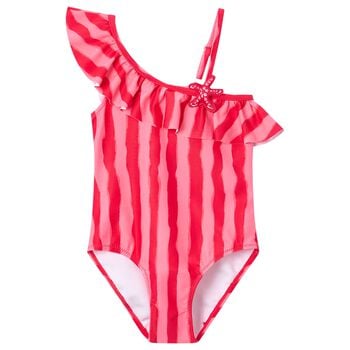 Girls Red & Pink Striped Swimsuit