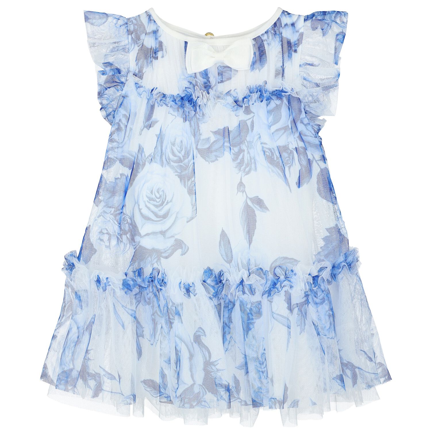 Baby Girls White & Blue Floral Tulle Dress, 1, hi-res image number null