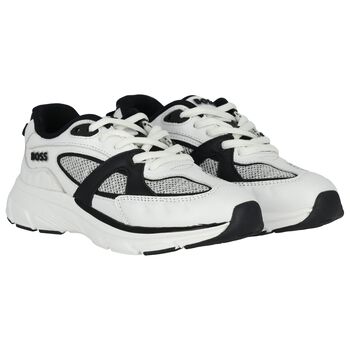 Boys White & Black Logo Leather Trainers