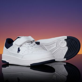 Boys White & Navy Blue Logo Trainers