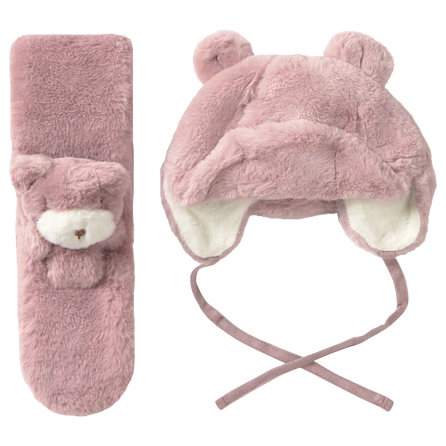 Younger Girls Pink Faux Fur Bear Hat & Scarf Set , 1, hi-res image number null