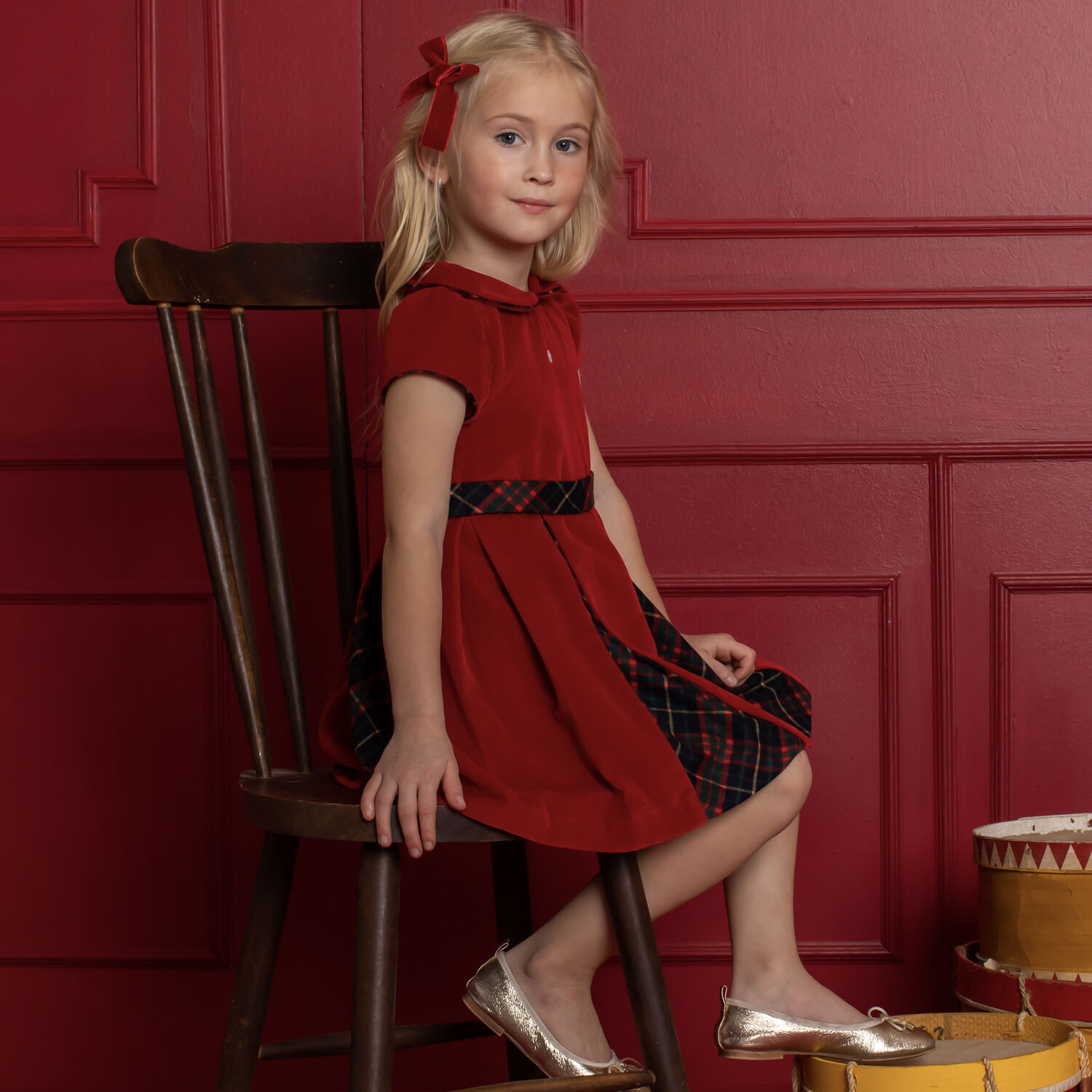 Girls Red Velvet Tartan Dress, 1, hi-res