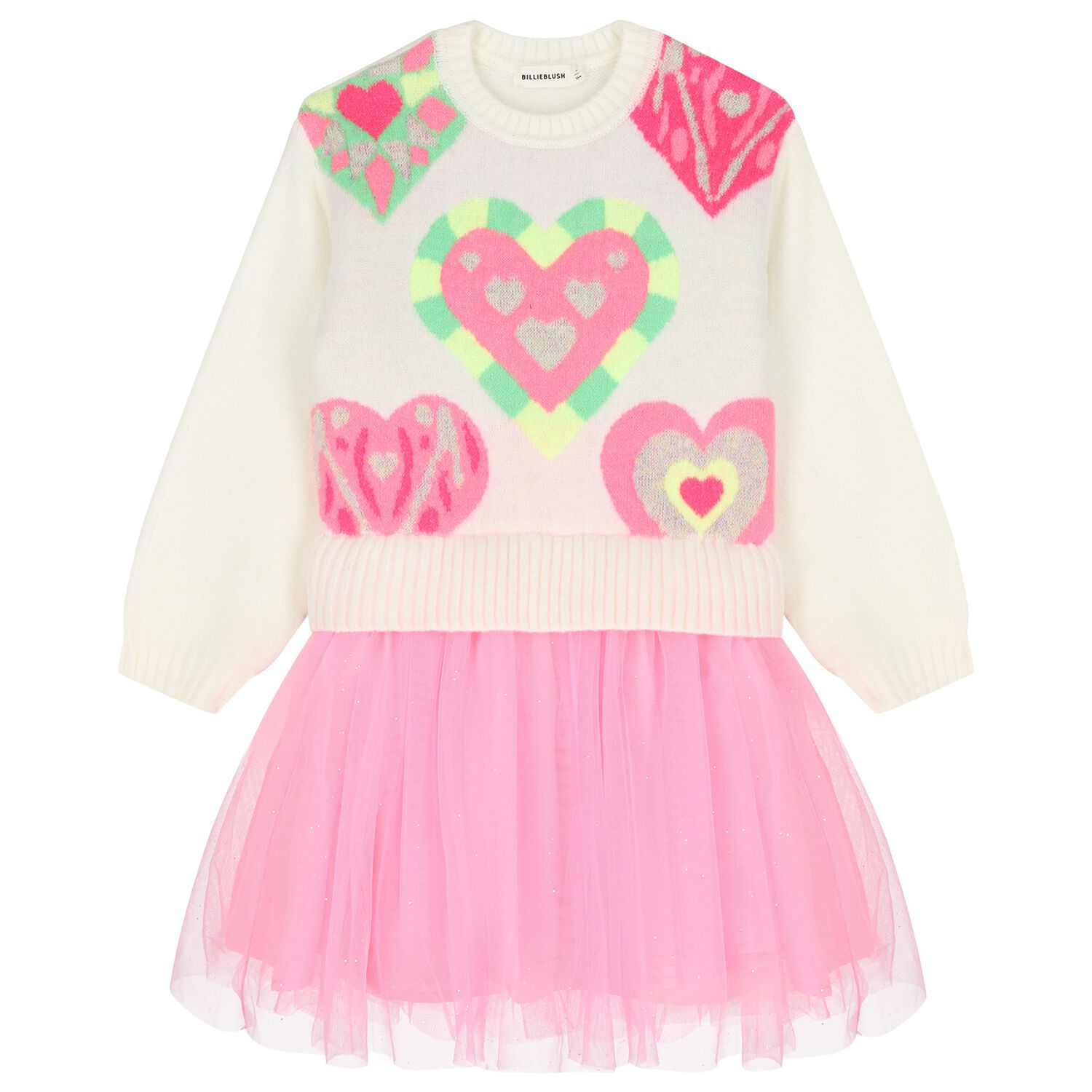 Girls Ivory & Pink Knitted Dress, 1, hi-res