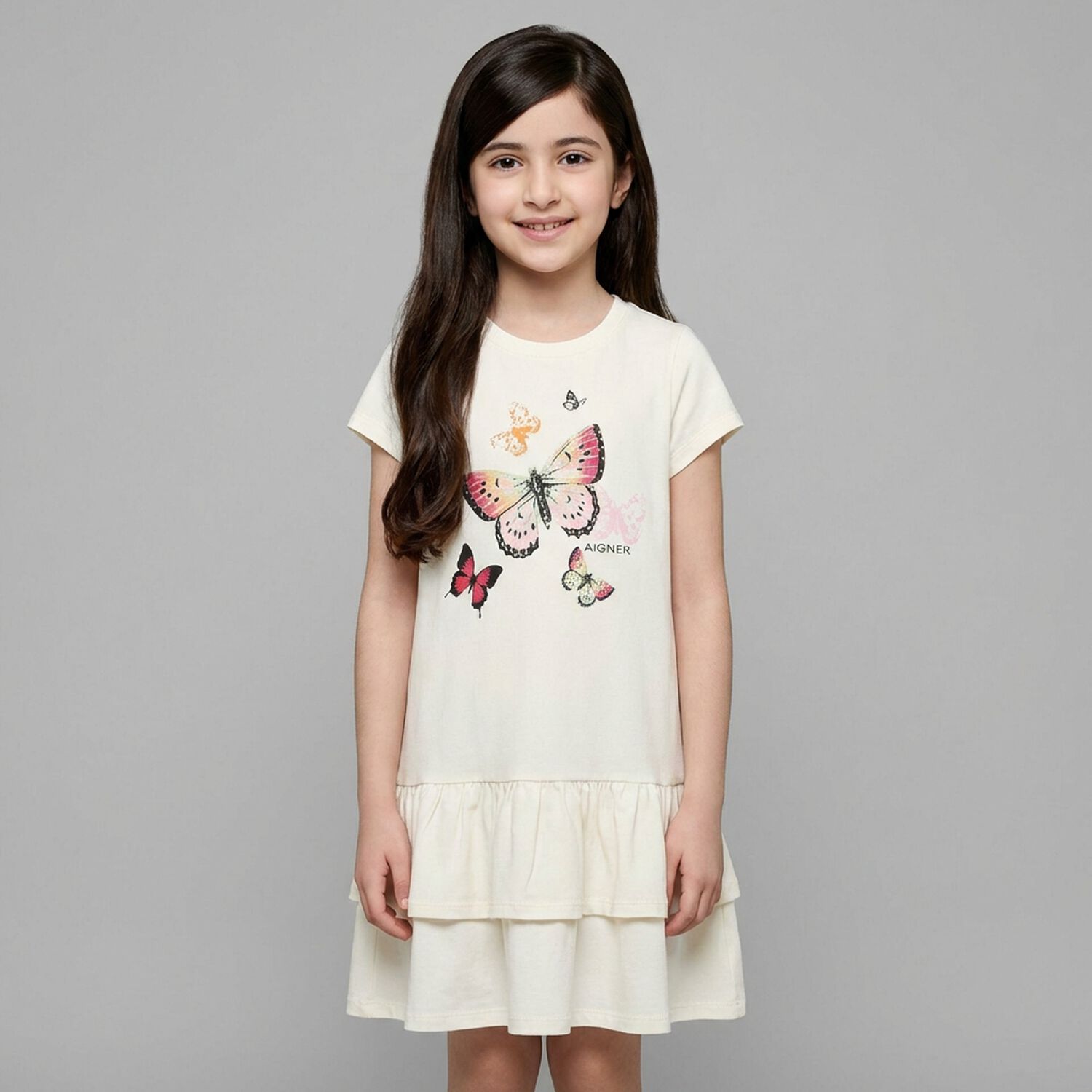 Girls Ivory Butterflies Logo Dress, 1, hi-res