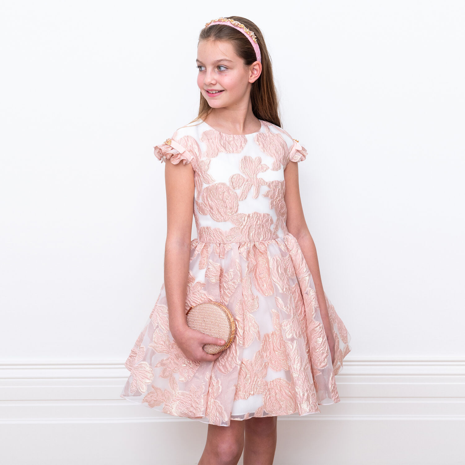 Girls Pink & Gold Organza Dress, 1, hi-res