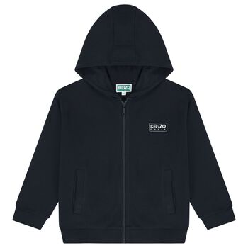 Navy Blue Logo Hooded Zip Up Top