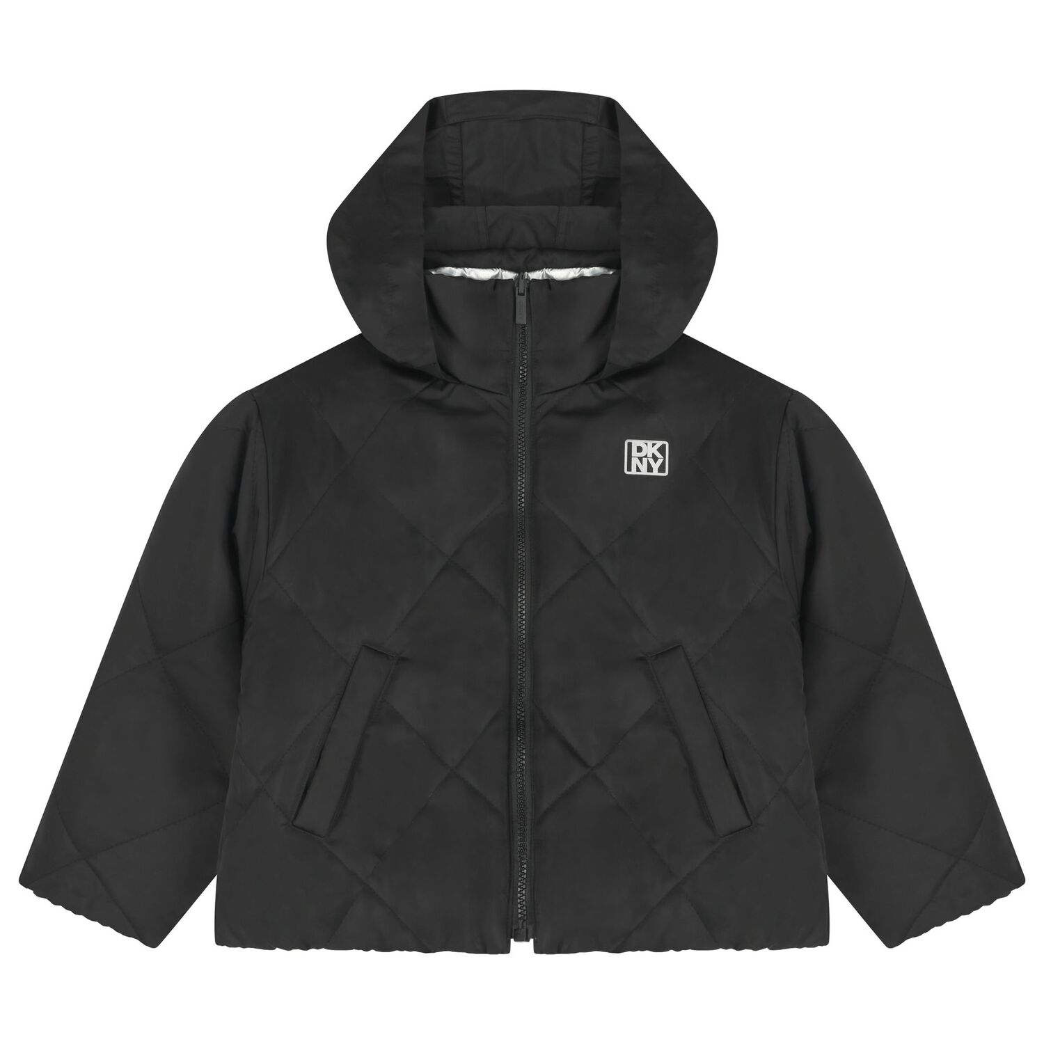 Girls Silver & Black Logo Reversible Puffer Jacket, 1, hi-res