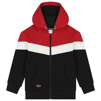 Boys Red, Black & White Hooded Zip Up Top