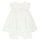 Girls White Cotton Dress Romper, 1, hi-res
