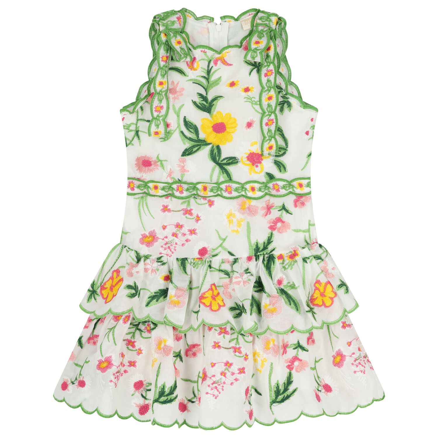 Girls White & Green Embroidered Floral Dress, 1, hi-res