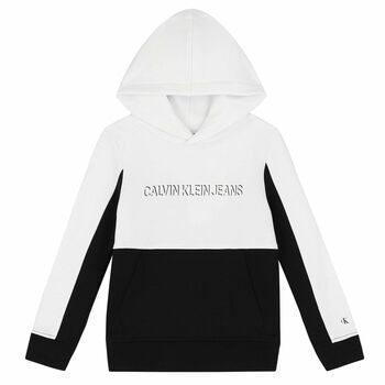 Boys White & Black Logo Hooded Top