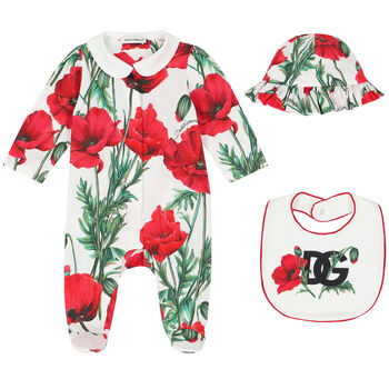 Girls White & Red Poppy Babygrow Set