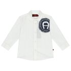 Younger Boys White & Navy Logo Shirt, 2, hi-res