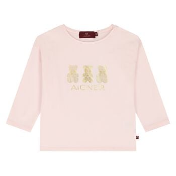 Younger Girls Pink & Gold Teddy Bear Logo Long Sleeve Top 