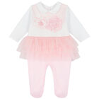 Baby Girls White & Pink Floral Babygrow, 1, hi-res