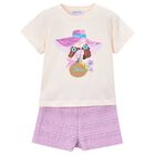 طقم شورت باللون العاجي والبنفسجي الفاتح  للبنات , 3, hi-res