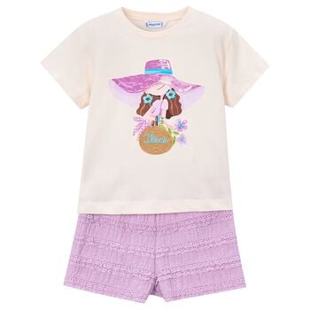 Girls Ivory & Lilac Shorts Set