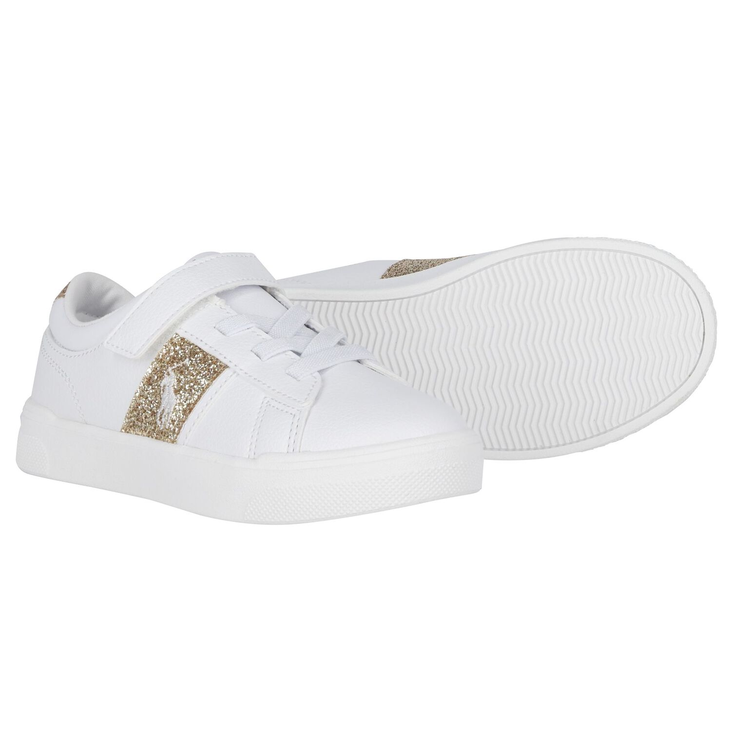 Girls White & Gold Logo Trainers, 1, hi-res