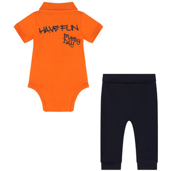 Baby Boys Orange & Navy Blue Bodysuit Set