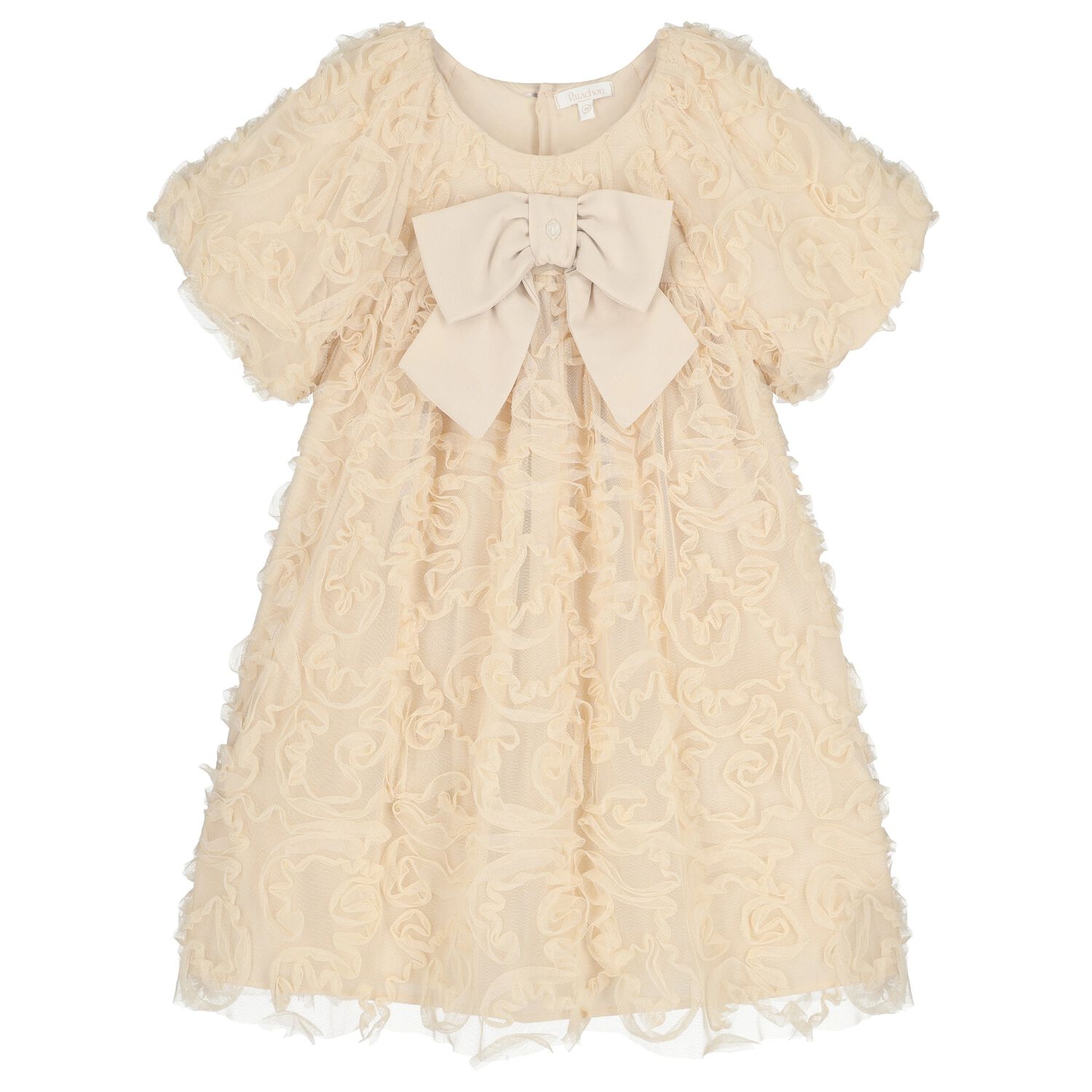 Girls Gold Bow Ruffled Tulle Dress, 1, hi-res