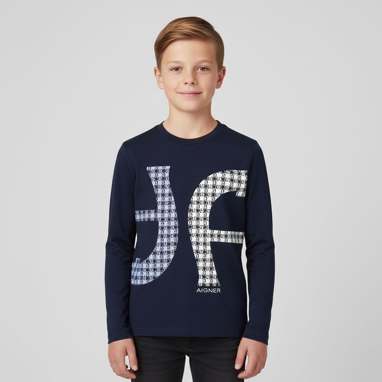 Boys Navy Blue Logo Long Sleeve Top, 1, hi-res image number null