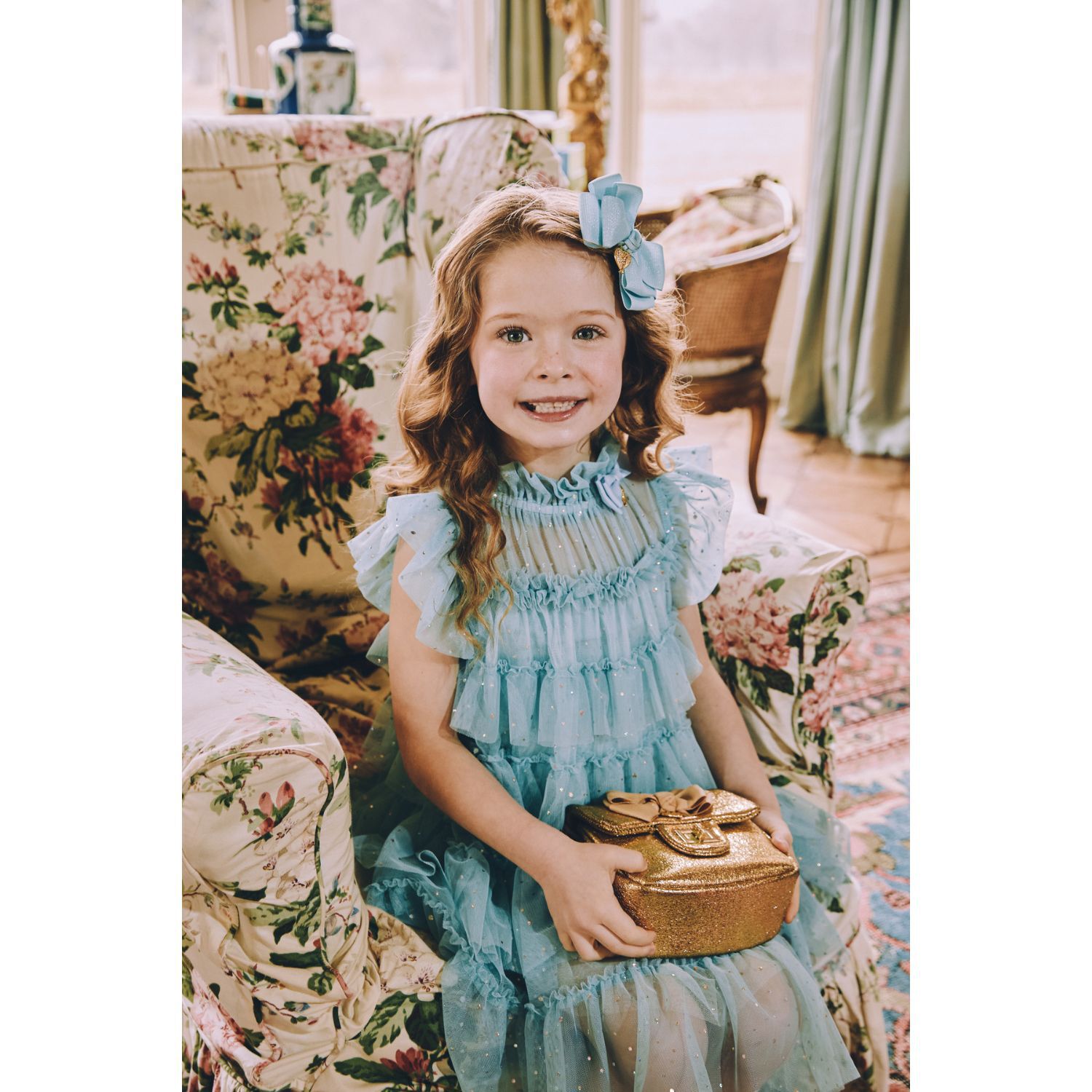 فستان بنات تول مزين بالترتر باللون الأزرق, 1, hi-res