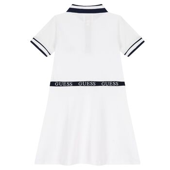 Girls White Cotton Bear Logo Dress