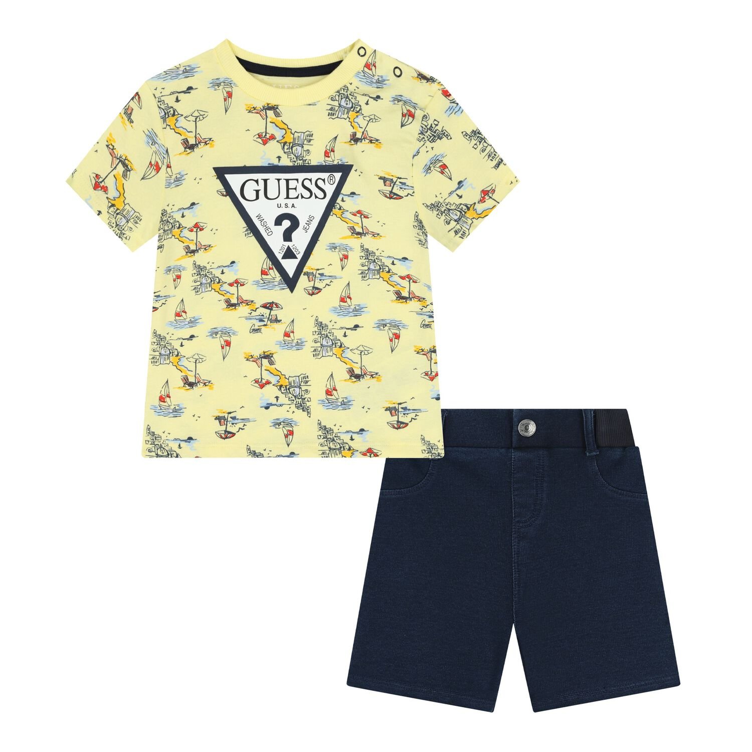 Baby Boys Yellow & Navy Blue Logo Shorts Set, 1, hi-res