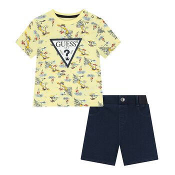 Baby Boys Yellow & Navy Blue Logo Shorts Set