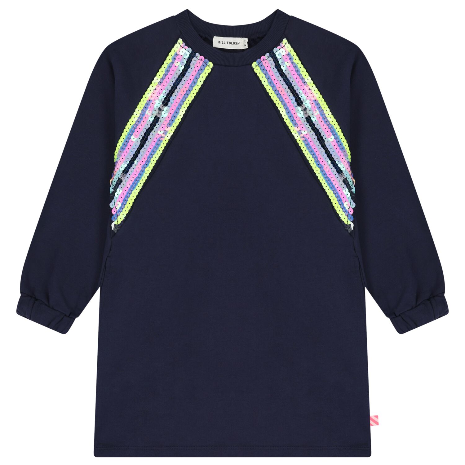 Girls Navy Blue Sequin Sweatshirt Dress , 1, hi-res