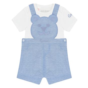 Baby Boys White & Blue Cotton Dungaree Set