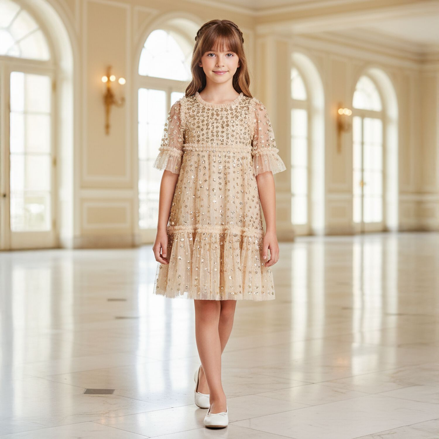 Girls Gold Sequin & Tulle Dress, 1, hi-res image number null