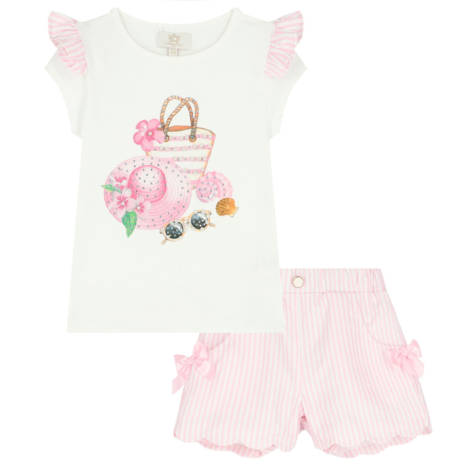 Girls Ivory & Pink Striped Shorts Set, 1, hi-res image number null