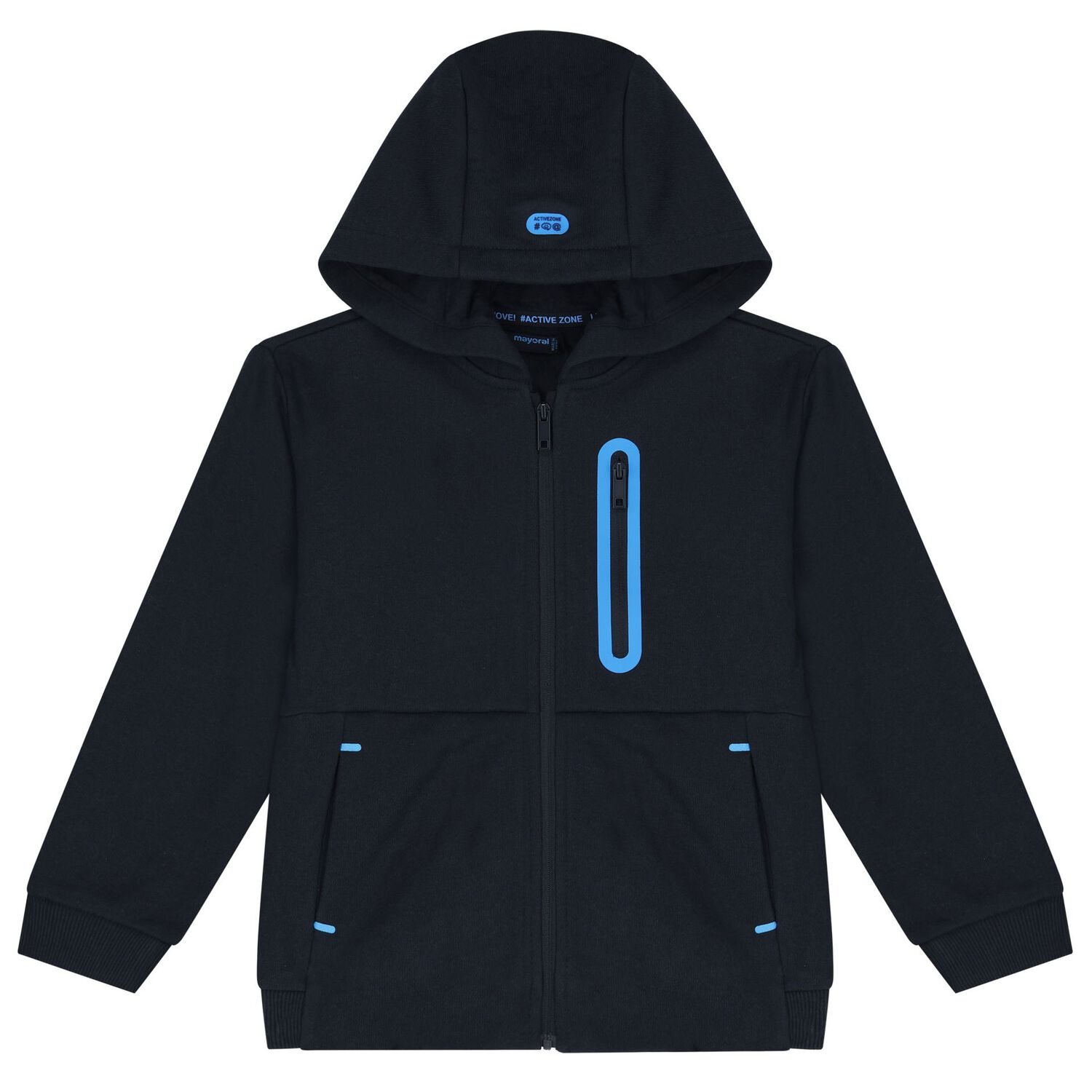 Boys Navy Blue Hoodie Zip Up Top, 1, hi-res