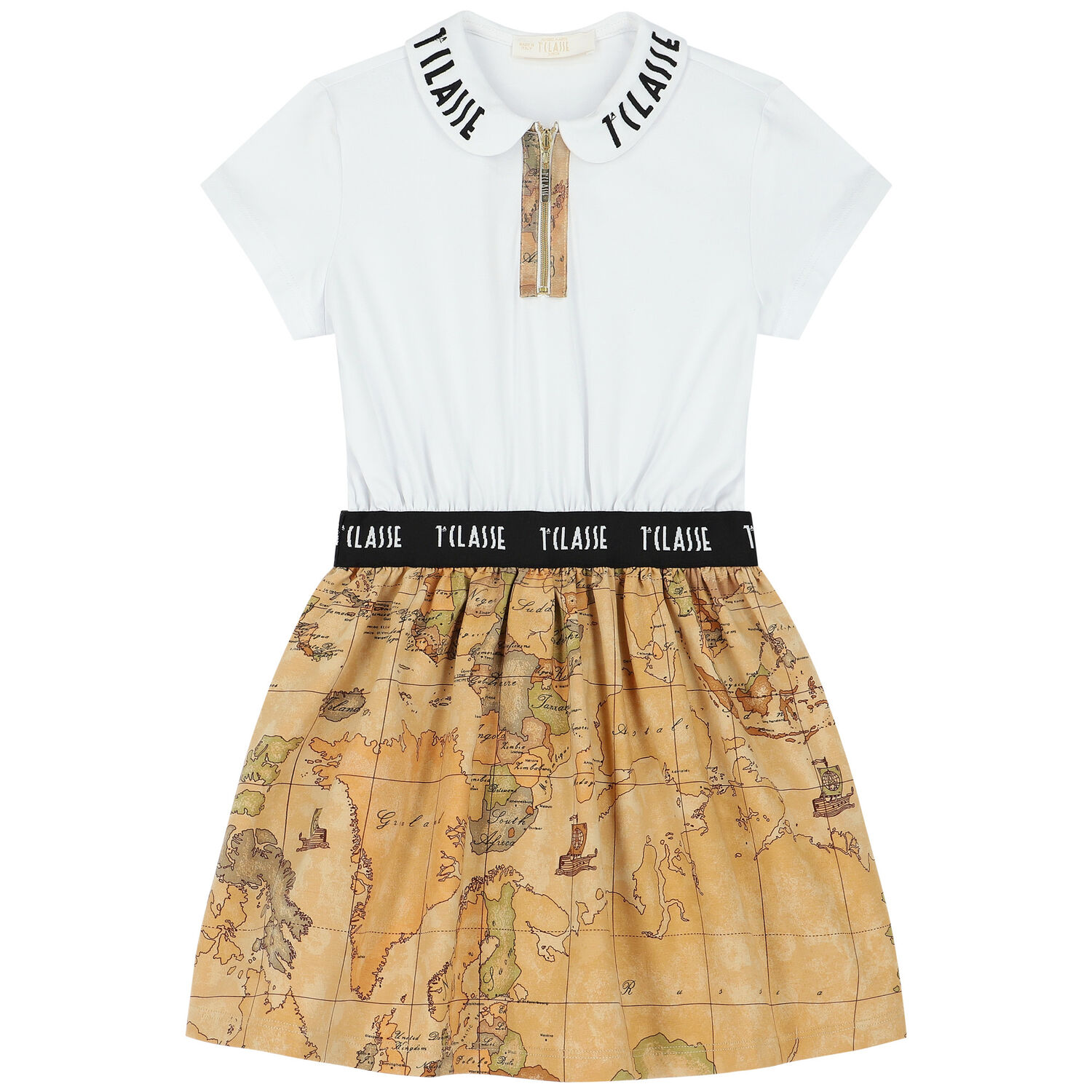 Girls White & Beige Geo Map Polo Dress, 1, hi-res