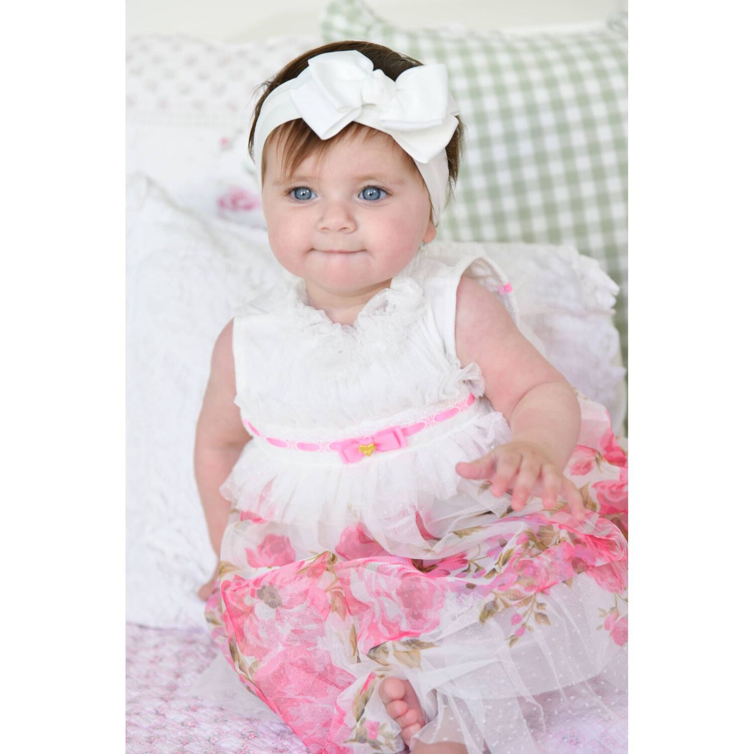 Baby Girls White & Pink Floral Tulle Dress, 1, hi-res