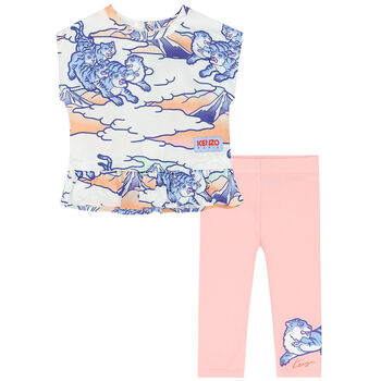 Younger Girls White & Pink Tiger Leggings Set