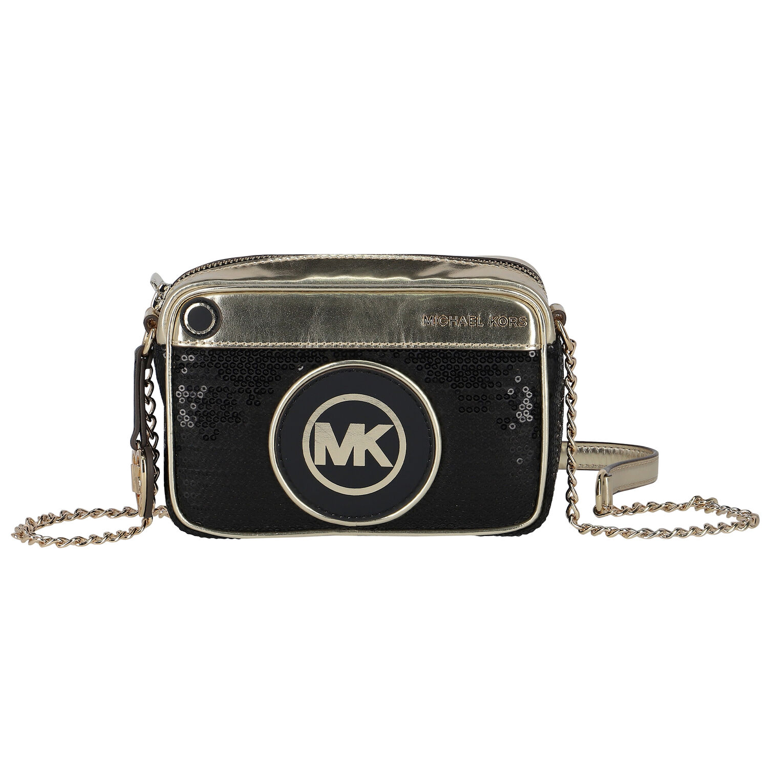 حقيبة كتف بنات بالشعار مطرز بالترتر باللون الاسود والذهبى, 1, hi-res