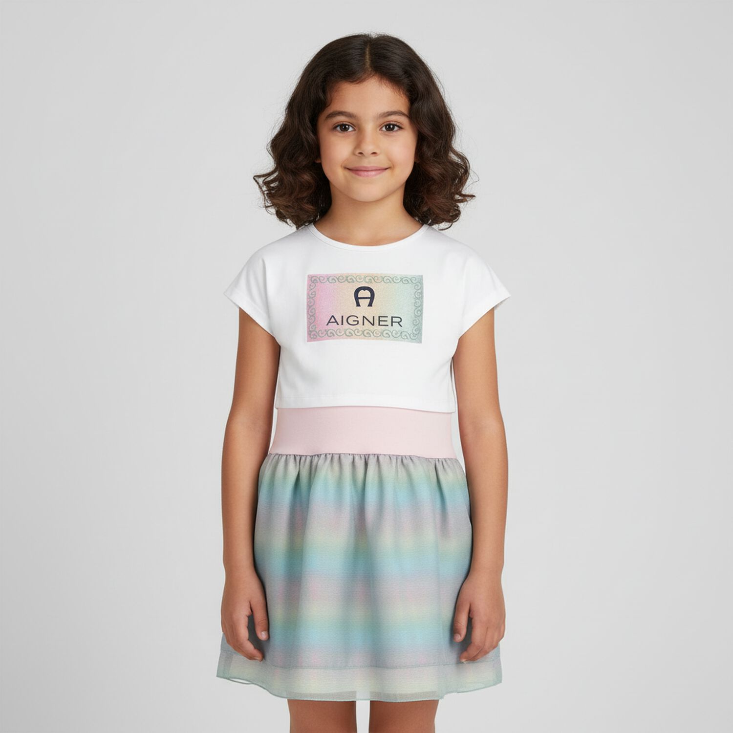 طقم فستان بالشعار باللون الابيض والوردى والاخضر, 1, hi-res