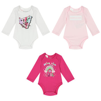 Baby Girls White & Pink Logo Bodysuits ( 3-Pack )