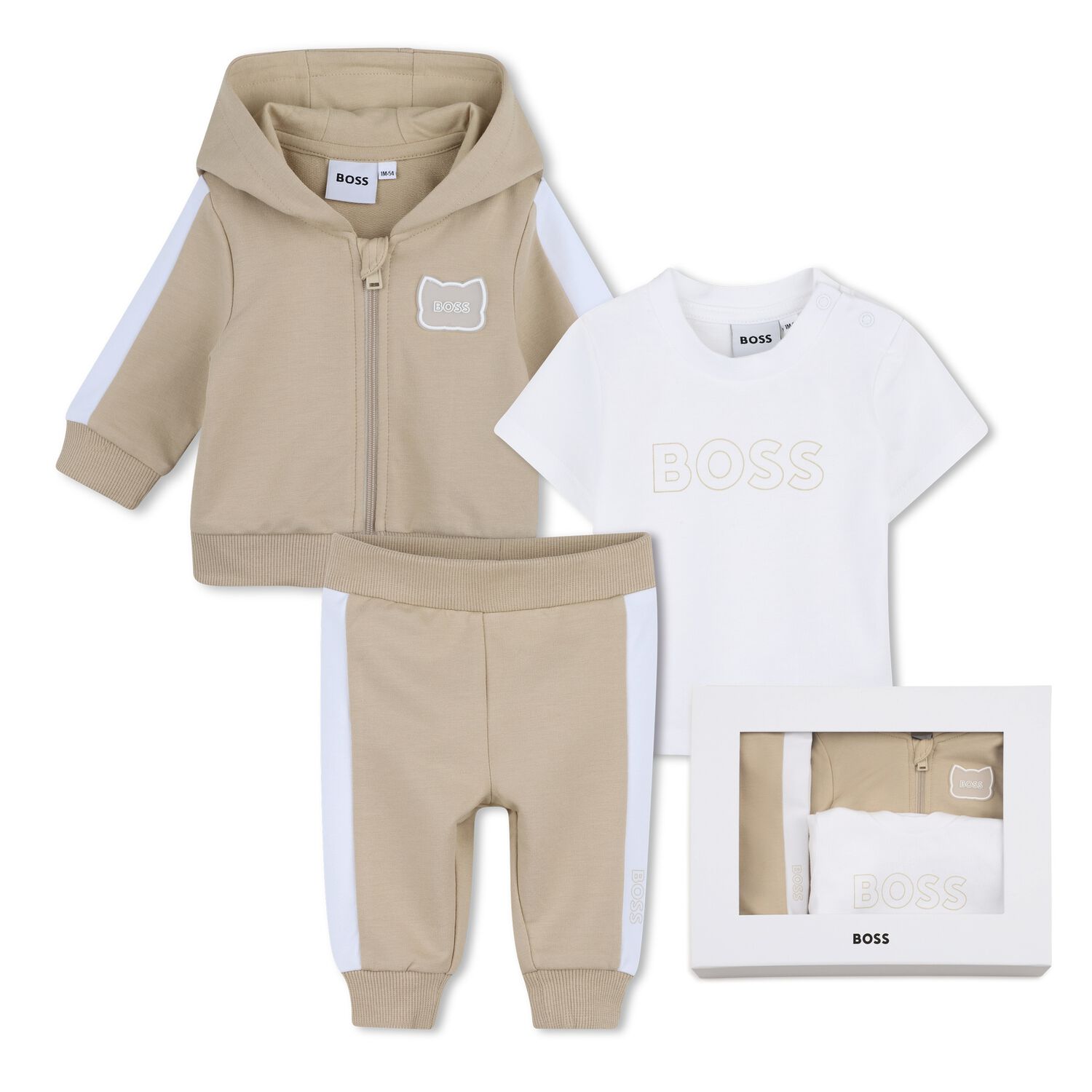 Baby Boys Beige Logo Hooded Tracksuit Gift Set, 1, hi-res