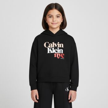 Girls Black Logo Hooded Top