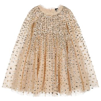 Girls Gold Tulle & Sequin Cape Dress
