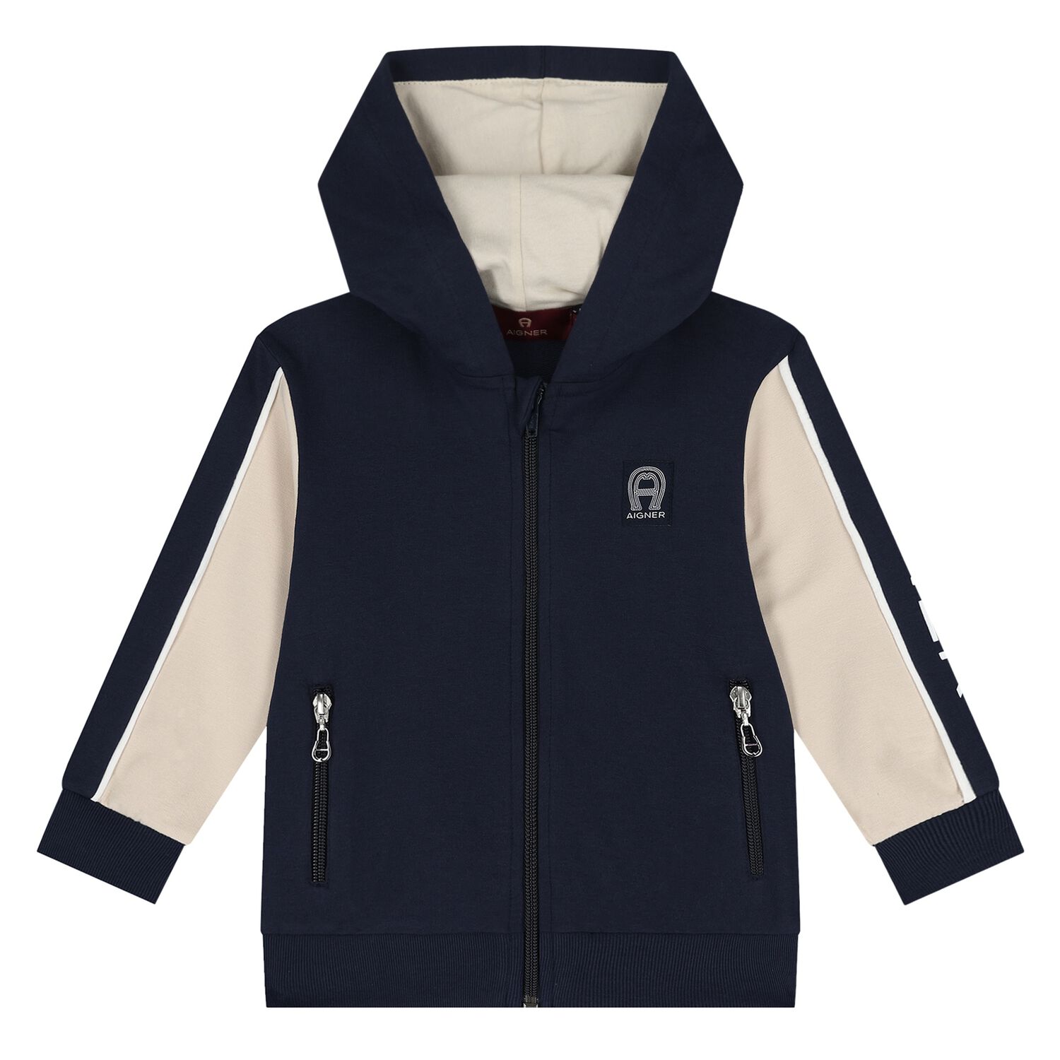 Younger Boys Navy Blue & Beige Logo Hooded Zip Up Top, 1, hi-res image number null