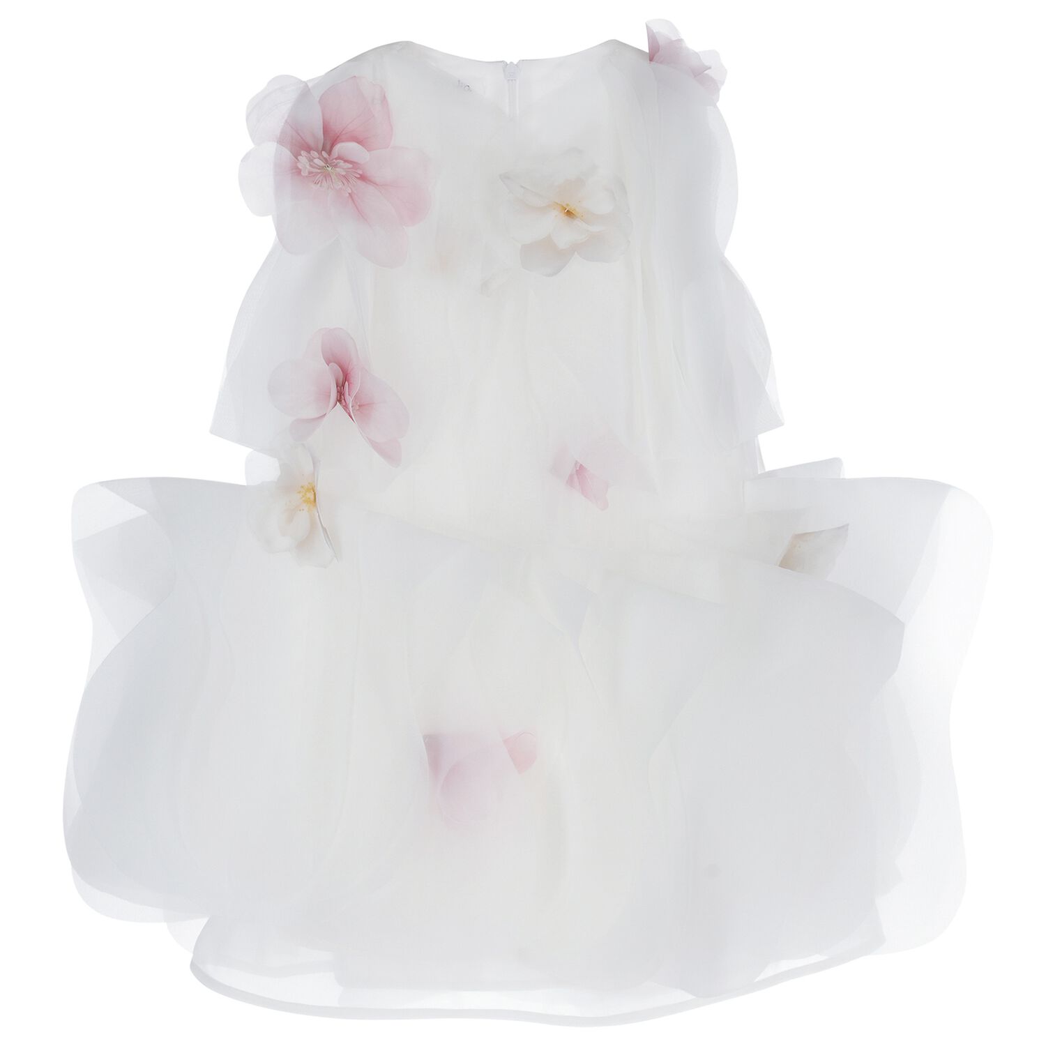 Girls White & Pink 3D Floral Organza Dress, 1, hi-res