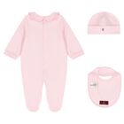 Baby Girls Pink & Gold Logo Babygrow, Hat & Bib Gift Set, 1, hi-res