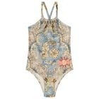 Girls Blue & Beige Floral Swimsuit, 1, hi-res