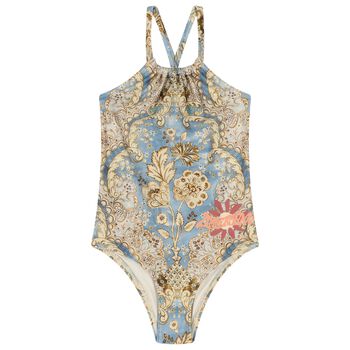 Girls Blue & Beige Floral Swimsuit