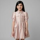 Girls Pink Satin Puff Sleeve Dress, 1, hi-res